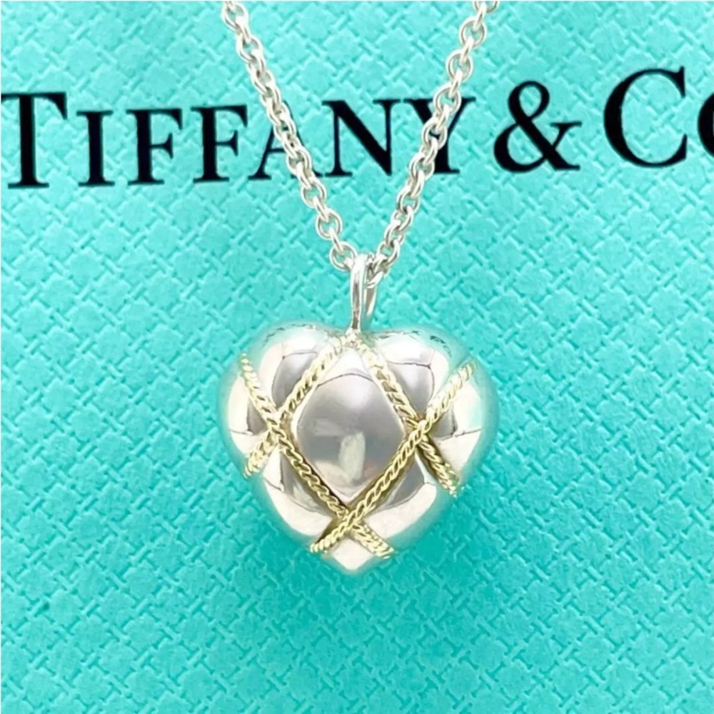 Authentic VERY RARE Tiffany & Co. 925 & 18k Rope Puffed Heart Pendant Necklace